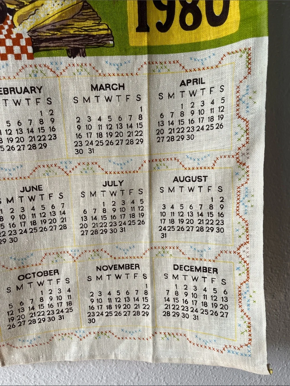 Vintage Tea Towel Fabric Wall Hanging 1980 Yearly Calendar Daily Bread